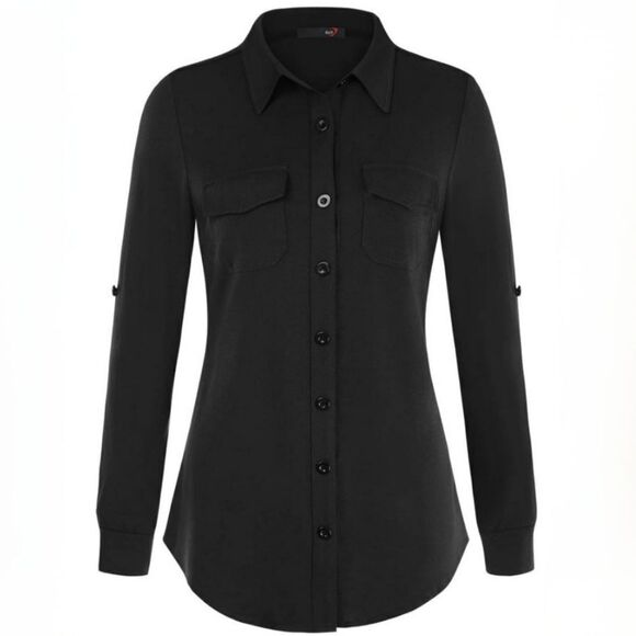 DJT Women’s Roll-Up Long Sleeve Solid Black Women’s Collared Button-Down Shirt - Picture 1 of 16